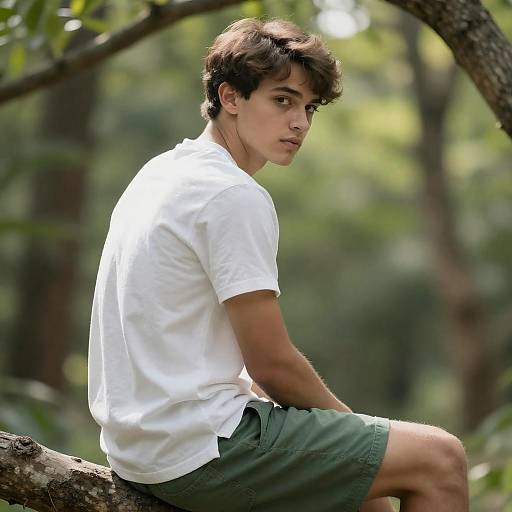 Young Man Sitting on Tree Branch in Forest
