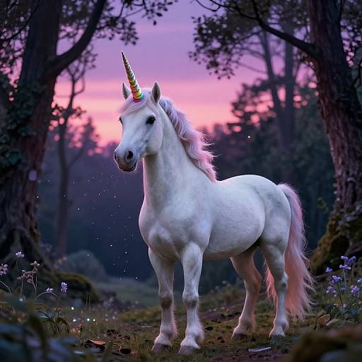 Photorealistic digital artwork of a white unicorn with a golden horn, standing in a magical forest at sunset, surrounded by glowing flowers and sparkling lights.