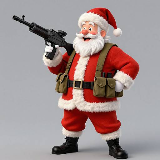 3D cartoon Santa Claus in red suit with white fur trim, black boots, holding a black pistol, wearing green military-style bag. Grey background.