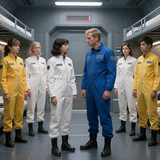 Futuristic Sci-Fi Crew in a Metallic Room