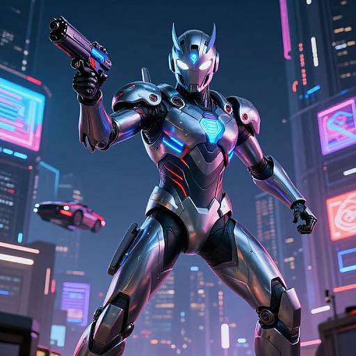 Cybernetic warrior with glowing blue accents, holding a gun, stands in a neon-lit futuristic cityscape, surrounded by holographic advertisements.