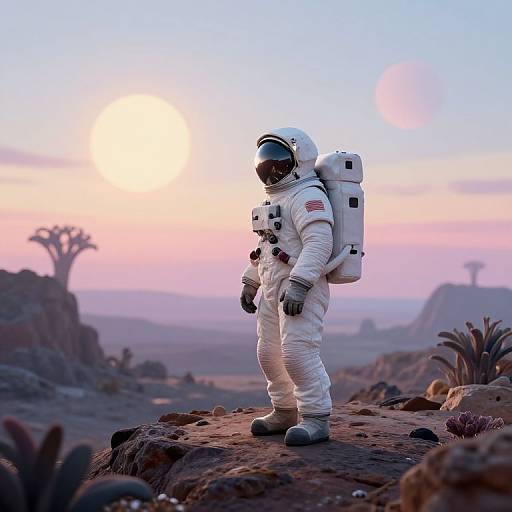 Photorealistic CGI of an astronaut in white spacesuit standing on Martian terrain at sunset, with pink and blue sky, and unique trees in the background