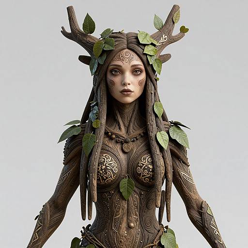 Digital artwork of a dark-skinned, fantasy woman with intricate, leaf-adorned antler headpiece and detailed, patterned brown armor against a