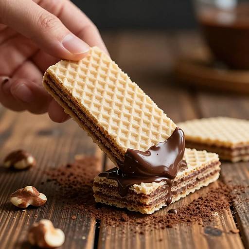 Photograph of a hand drizzling chocolate over a stacked waffle cookie on a wooden table with crumbs and nuts.