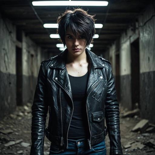 Edgy Young Woman in Leather Jacket in Abandoned Underground