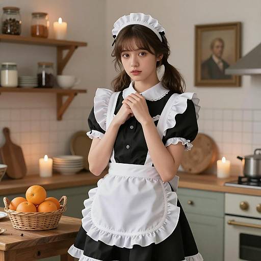 Young Woman in French Maid Costume in Rustic Kitchen