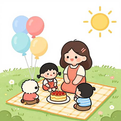 Cartoon-style image of four children with black and brown hair, sitting on a checkered blanket, sharing a picnic with balloons and a sunny sky.