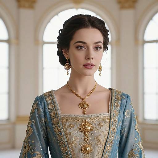 Photograph of a young woman with fair skin and dark hair in an elegant blue and gold embroidered traditional outfit, wearing gold jewelry, standing in a bright