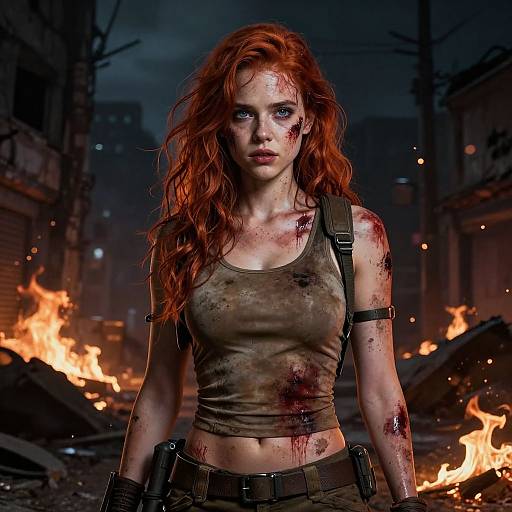 Photorealistic digital art of a bloody, red-haired woman in a dirty tank top, standing in a burning, ruined urban street.