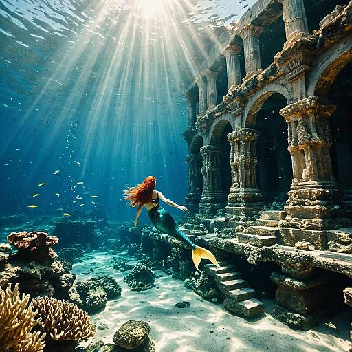 Red-Haired Mermaid Near Underwater Ruins