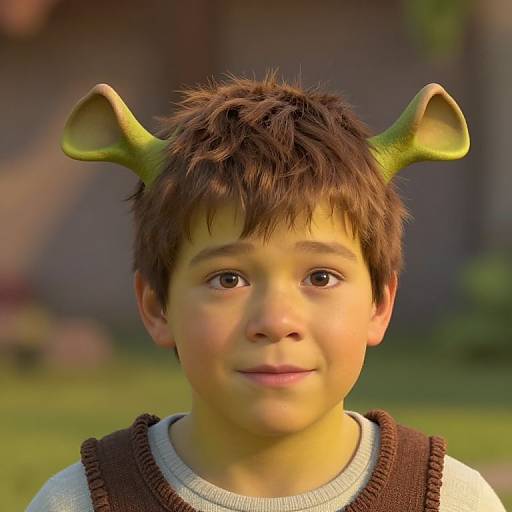 Photograph of a young boy with short brown hair, wearing green ant-like headpieces, brown vest over white shirt, smiling in a sunlit garden