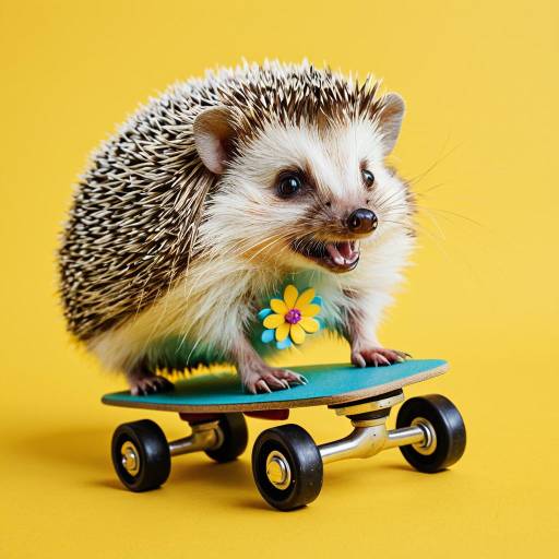 Joyful Hedgehog on Skateboard with Flower Necklace