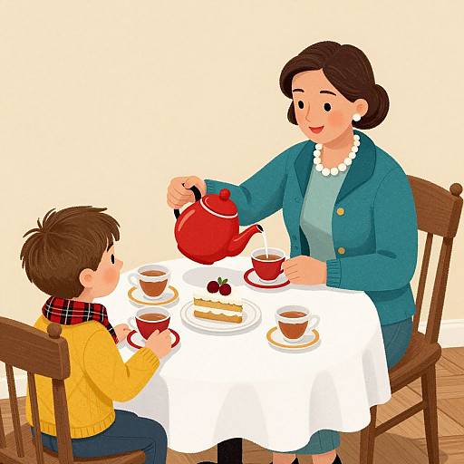 Illustration of a brown-haired woman in a blue jacket pouring tea for a young boy in a yellow sweater at a white-clothed table.