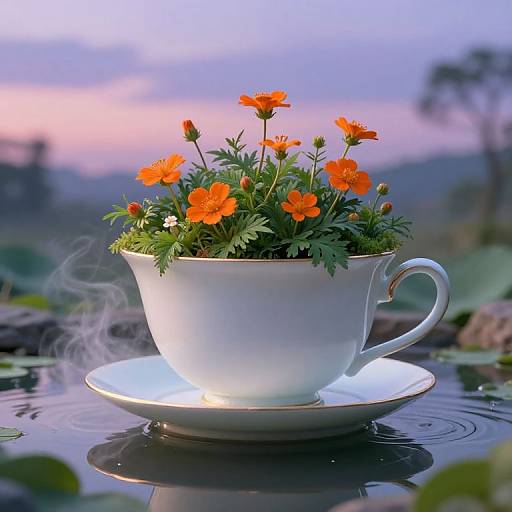 Photograph of a white teacup with orange flowers on a saucer, reflecting on a calm water surface at twilight.
