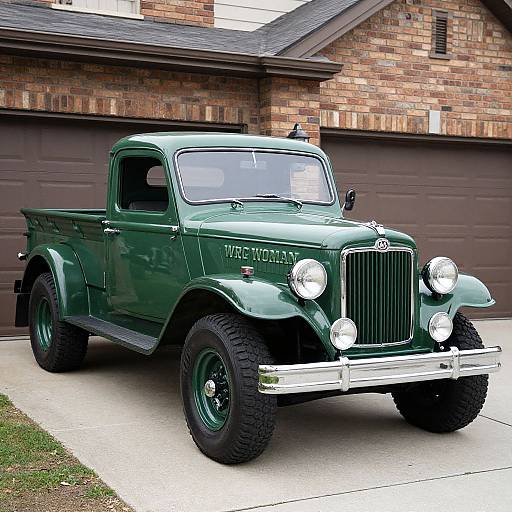 Photograph of a shiny, green 1940s Willys pickup truck with large black tires, chrome front grille, and dual headlights, parked in