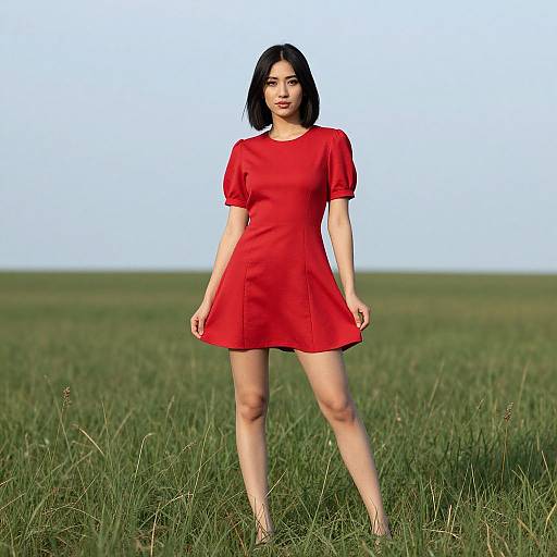Photograph of an Asian woman with straight black hair, wearing a short-sleeved, red, A-line dress, standing in a grassy field