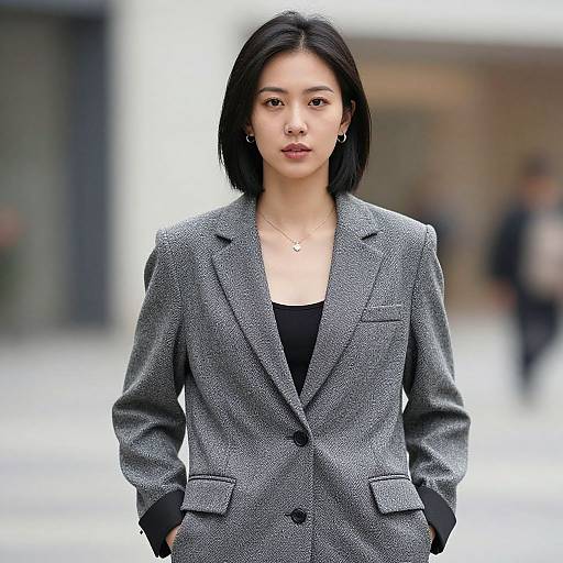 Photograph of an Asian woman with a bob haircut, wearing a grey textured blazer over a black top, standing confidently with hands in pockets, blurred