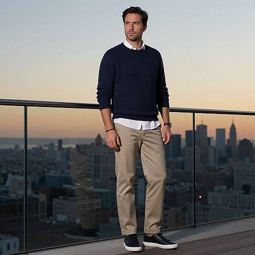 Photograph of a man with short brown hair, wearing a black sweater, white shirt, beige pants, and black sneakers, standing on a rooftop with