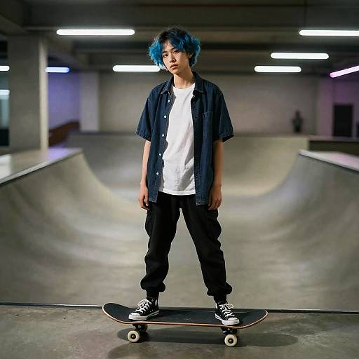 Non-binary skateboarder with blue hair in skatepark