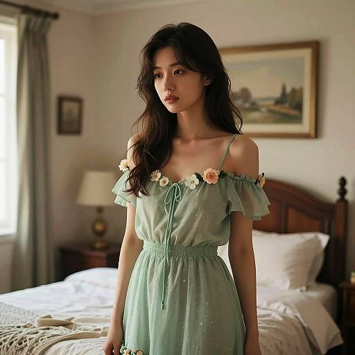 Young Woman in Green Floral Dress in Bedroom