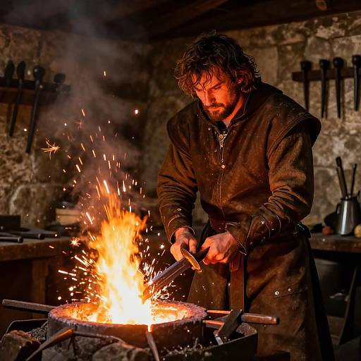 Photograph of a bearded blacksmith with wavy hair, wearing a brown tunic, hammering metal in front of a fiery forge, sparks