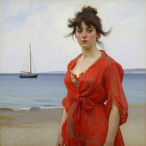 Realistic digital painting of a young woman with fair skin and dark hair in a red dress, standing on a beach with a sailboat in the background
