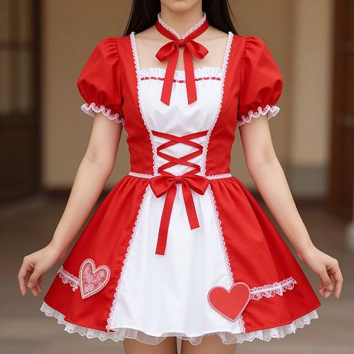 Photograph of an Asian woman in a red and white satin Alice dress with lace trim, red bows, heart-shaped embellishments, and puffed sleeves