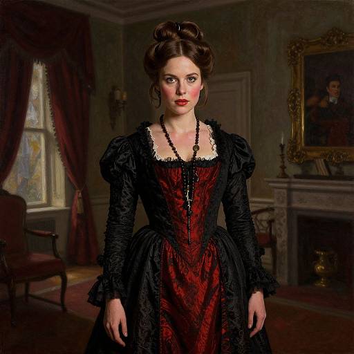 Photorealistic digital painting of a pale-skinned woman with red lipstick, dark brown updo, wearing a black and red Victorian corset dress,