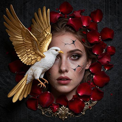 Digital art: Golden eagle perches on a young woman's face with cracked skin, surrounded by red rose petals, against a dark background.
