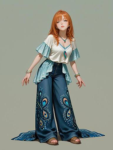 Digital illustration of a red-haired woman with blue eyes, wearing a white blouse, blue high-waisted pants with peacock patterns, and brown sandals