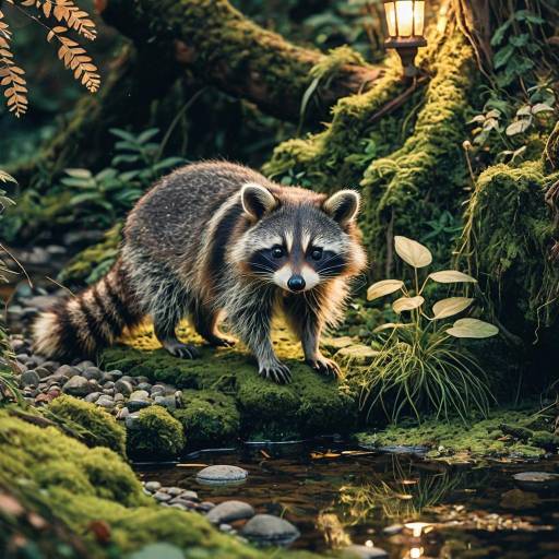 Raccoon on Mossy Riverbank at Night Raccoon on Mossy Riverbank at Night