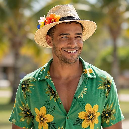 Smiling man in green floral shirt and straw hat with orange flowers, outdoors, sunny day, tropical background, bright colors. Photorealistic photograph.