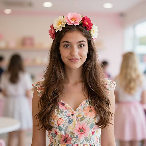 Young Woman with Flower Crown in Floral Dress