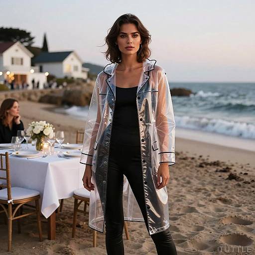 Woman in Transparent Vinyl Raincoat at Beach Dinner