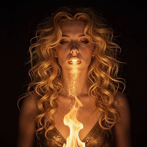 Photograph of a blonde woman with wavy hair, glowing fiery light shooting from her mouth, against a dark background.
