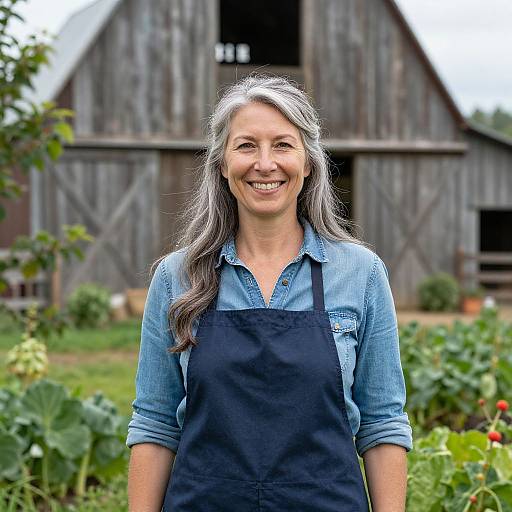 Photograph of smiling middle-aged woman with long gray hair, wearing denim shirt and black apron, standing in front of rustic wooden barn and vibrant garden