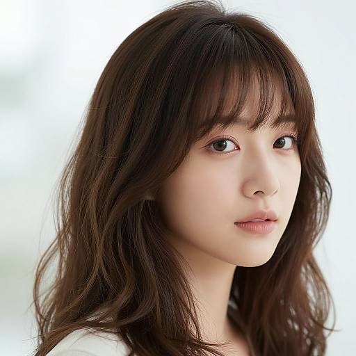 Photograph of an East Asian woman with fair skin, dark brown wavy hair, and bangs, gazing slightly to the right, against a