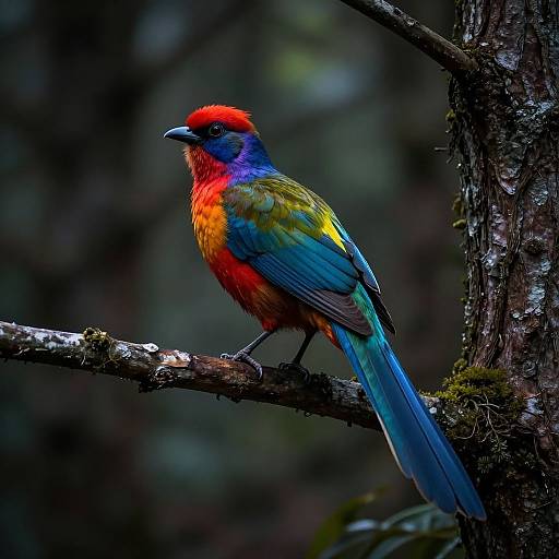 Photograph of a vividly colored Red-headed Motmot perched on a moss-covered tree branch in a dark, blurry forest background.