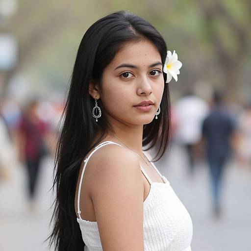 Photograph of a young Asian woman with long black hair, white flower in hair, wearing a white sleeveless top, silver earrings, looking over shoulder