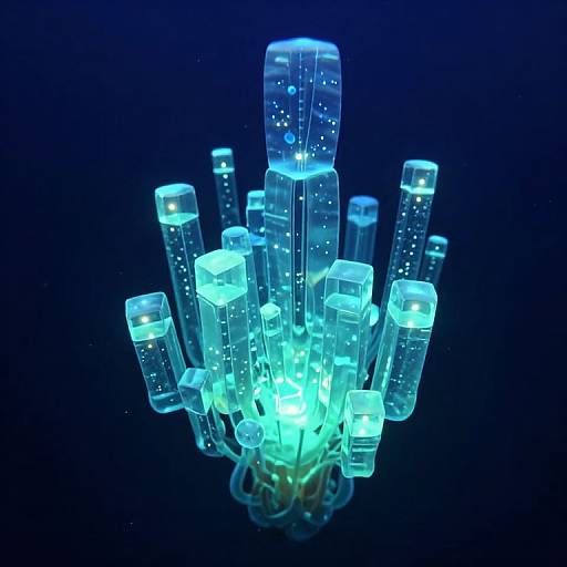 Photograph of glowing, translucent, blue crystal formations against a dark blue background, radiating a luminous, ethereal light.