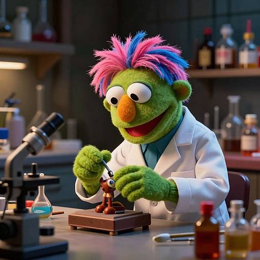 CGI image of a green, cartoon lab monkey with pink and blue mohawk, wearing a white lab coat, working on a wooden model in a