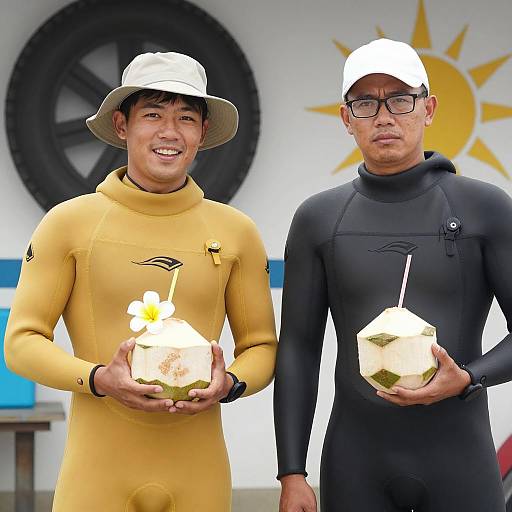 Two Men in Wetsuits Holding Fresh Coconuts