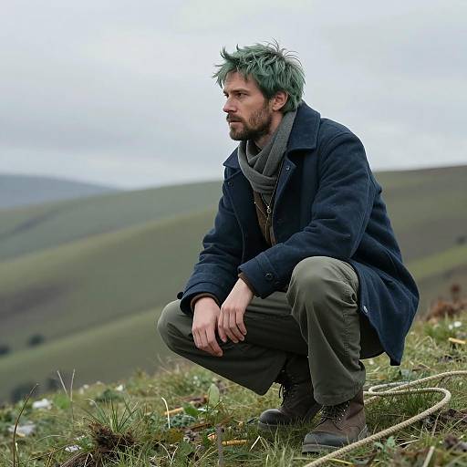 Crouching Man on Grassy Hill