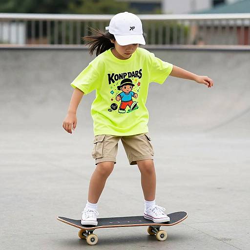Teenage Girl Skateboarding in Neon Graphic Tee