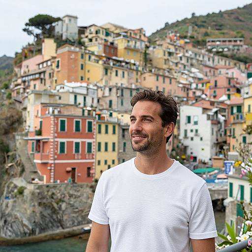Photograph of a smiling, bearded man in a white t-shirt, standing in front of colorful, hillside Italian houses.