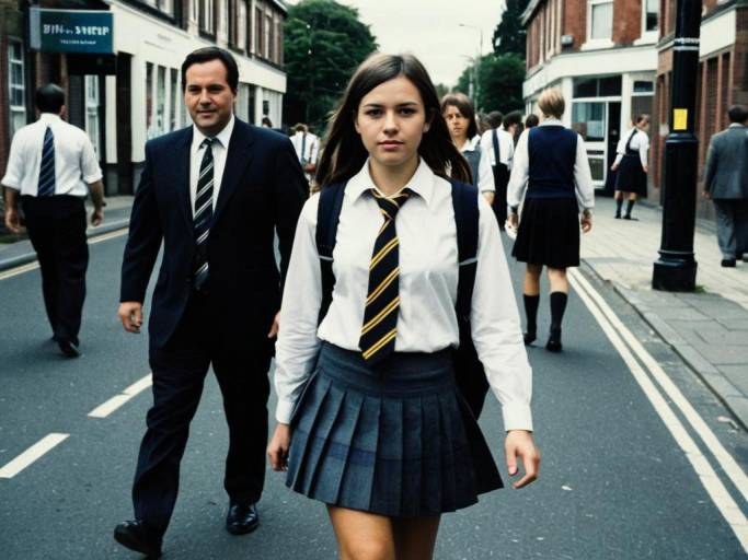 Schoolgirl Walking on City Street with Adults