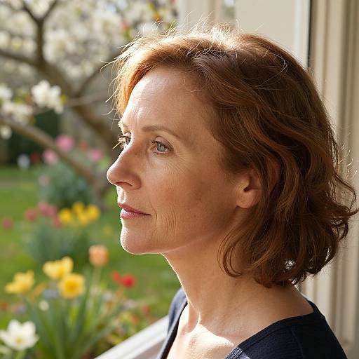 Photograph of a middle-aged woman with short auburn hair, blue eyes, and fair skin, profile view, sunlight illuminating her face,