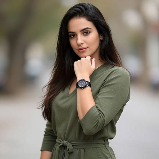 Photograph of a confident young woman with long dark hair, olive-green long-sleeve top, black wristwatch, standing outdoors with blurred background.