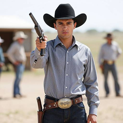 Photograph of a serious, handsome man in a black cowboy hat, gray checkered shirt, and brown belt with a silver buckle, pointing a gun