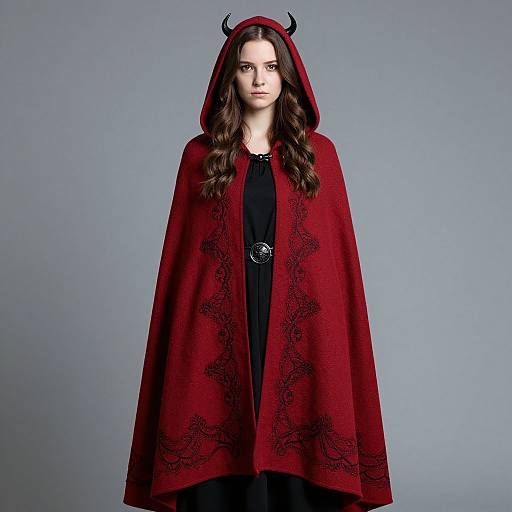 Photograph of a young woman with long brown hair, wearing a red hooded cloak with black horn headpiece, black dress, and silver pendant,